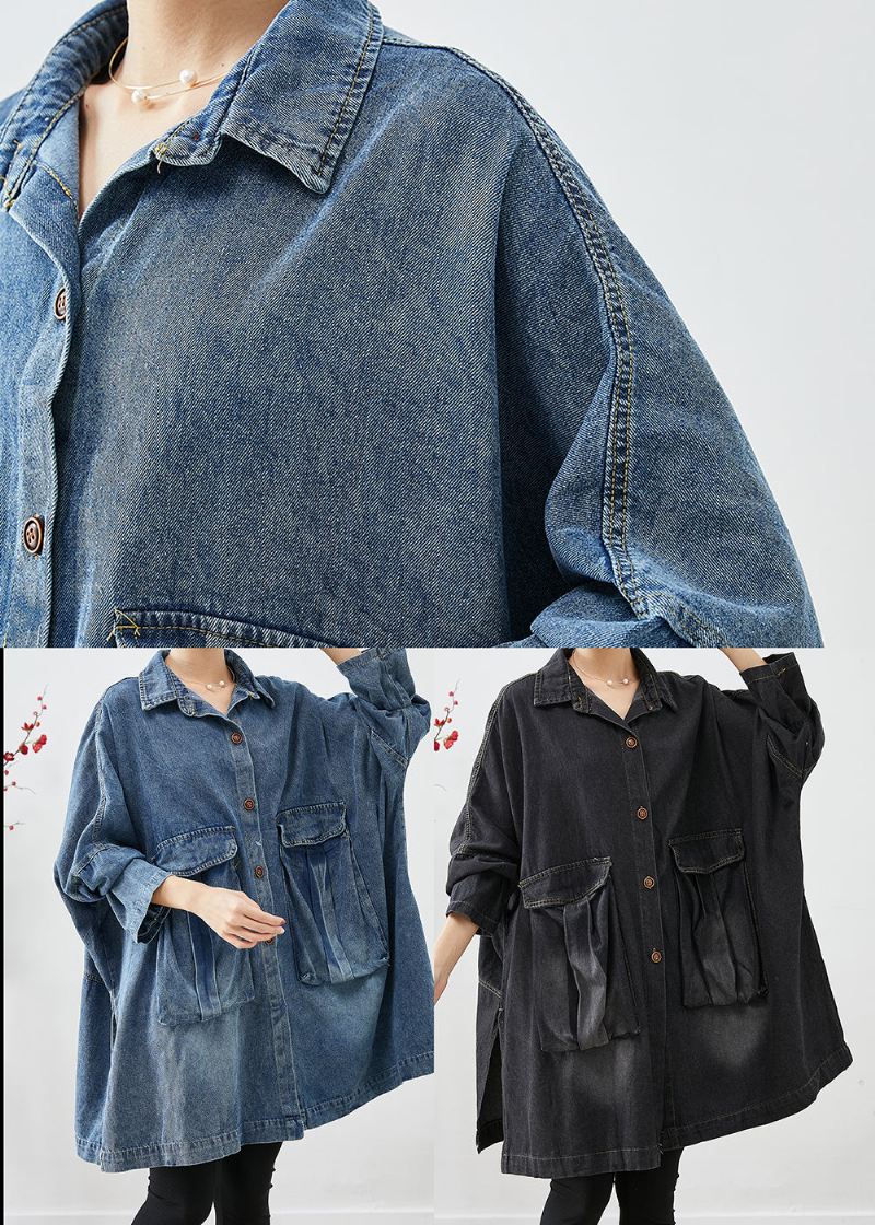 Plus Size Niebieskie Oversize'owe Duże Kieszenie Dżinsowe Płaszcze Jesienne - Płaszcze zimowe damskie