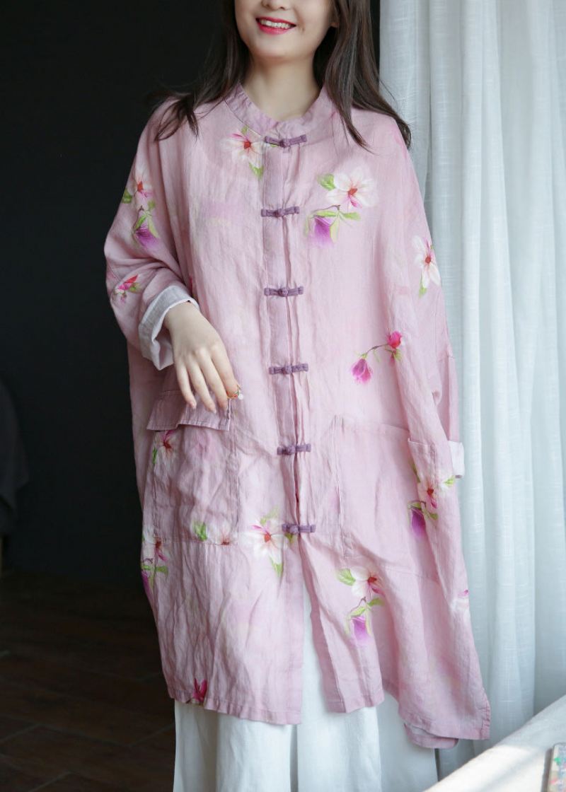 Plus Size Różowy Kołnierzyk Ze Stójką I Guzikiem Ramie Długie Płaszcze Wiosna - Płaszcze zimowe damskie