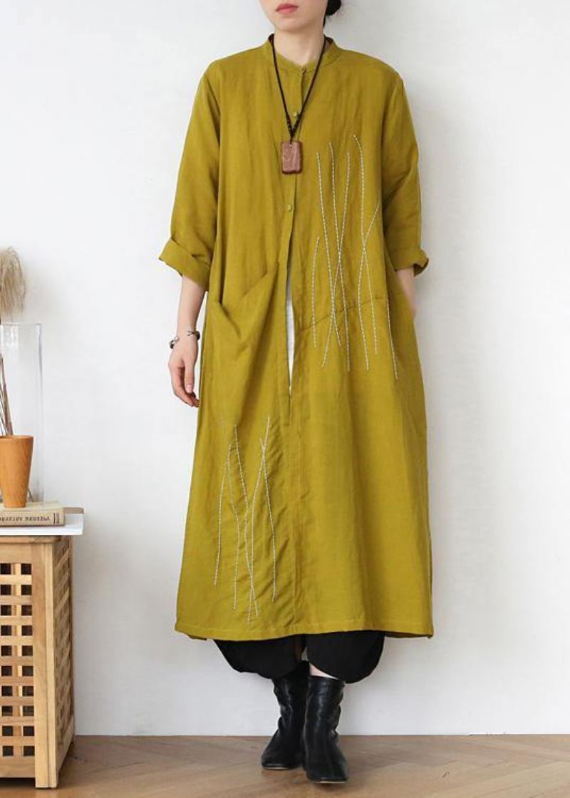 Plus Size Żółty Lniany Długi Płaszcz Wiosenny Z Kołnierzykiem Piotruś Pan