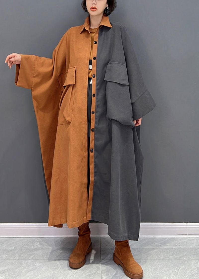 Plus Size Szary Patchworkowy Pomarańczowy Płaszcz Piotruś Pan Z Kołnierzykiem Na Guziki Jesienny - Płaszcze zimowe damskie