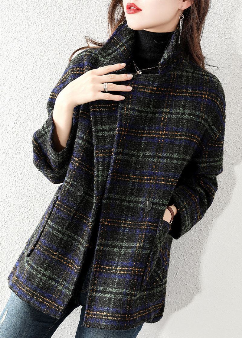 Plus Size Wełniany Płaszcz W Kratę Z Kołnierzykiem Piotruś Pan - Płaszcze zimowe damskie