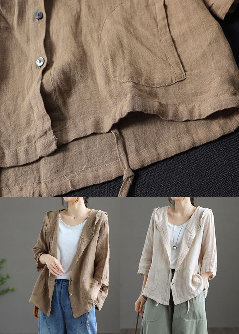Ręcznie Robiona Patchworkowa Lniana Cienka Bluza Z Kapturem W Kolorze Ciemnego Khaki Letnia - Płaszcze zimowe damskie